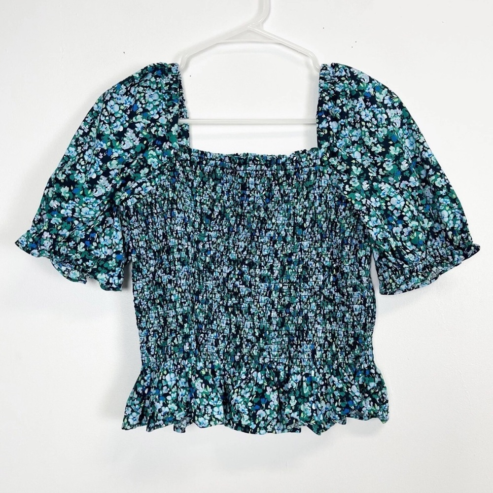 J Crew Shirt Womens Size Small Blue Floral Cotton Poplin Smocked Top Blouse